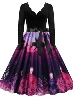 Women's Christmas Party Dress Swing DressKnee Length Dress Green Purple Wine Red Black Long Sleeve Santa Claus Elk Snowman Print Fall Winter V Neck Vintage Party Elegant Party 2022 S M L XL XXL 3XL -Casual Print Dress Sales othiti1665475511599