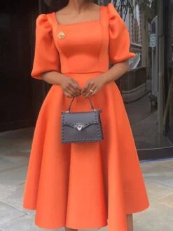 Women‘s Plus Size Curve Party Dress Solid Color Square Neck Short Sleeve Spring Fall Formal Prom Dress Midi Dress Party Going Out Dress -Casual Print Dress Sales oudmee1659089284150