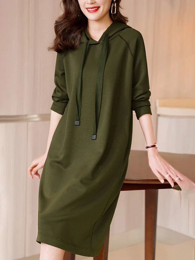 Women's Plus Size Curve Casual Dress Hoodie Dress Winter Dress Plain Midi Dress Long Sleeve Ruched Hooded Fashion Outdoor Black Red Fall Winter L XL XXL 3XL 4XL 5 Women's Plus Size Curve Casual Dress Hoodie Dress Winter Dress Plain Midi Dress Long Sleeve Ruched Hooded Fashion Outdoor Black Red Fall Winter L XL XXL 3XL 4XL - Image 5