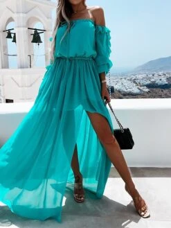 Women's Casual Dress Swing Dress Long Dress Maxi Dress Orange Green 3/4 Length Sleeve Pure Color Ruffle Summer Spring Off Shoulder Casual 2023 S M L XL -Casual Print Dress Sales ovqmtq1626341249861