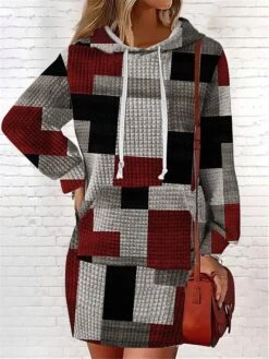 Women's Casual Dress Hoodie Dress Mini Dress Warm Fashion Outdoor Vacation Going Out V Neck Pocket Print Floral Geometric Loose Fit Pink Burgundy Blue S M L XL XXL -Casual Print Dress Sales ovybqy1694166440525