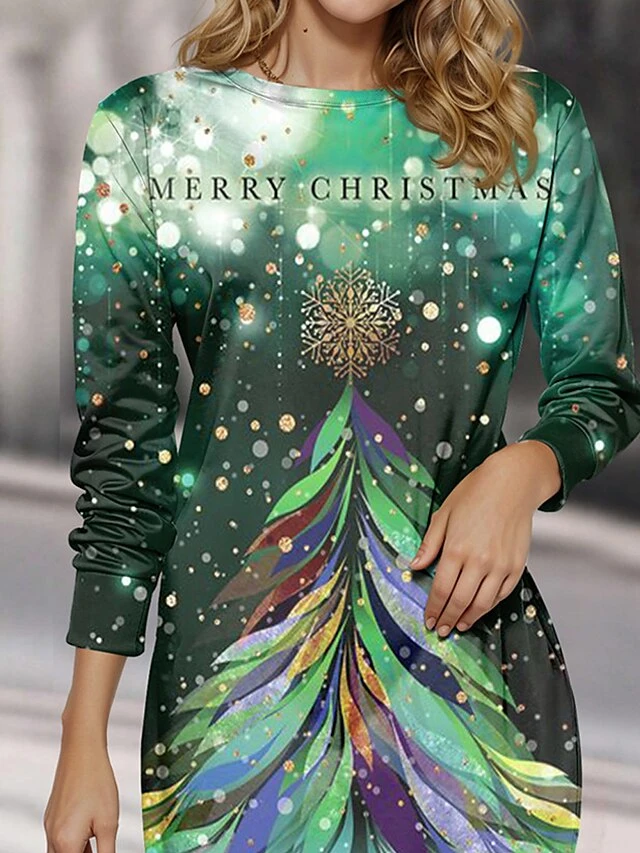 Women's Christmas Dress Casual Dress Mini Dress Warm Fashion Outdoor Christmas Vacation Crew Neck Print Christmas Tree Regular Fit Green S M L XL XXL 2 Women's Christmas Dress Casual Dress Mini Dress Warm Fashion Outdoor Christmas Vacation Crew Neck Print Christmas Tree Regular Fit Green S M L XL XXL - Image 2