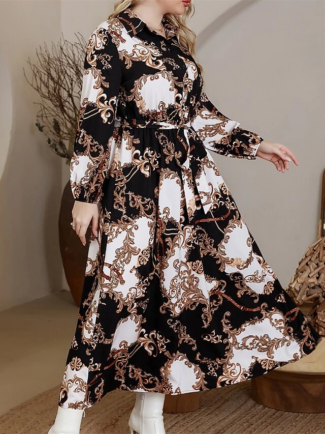 Women's Plus Size Curve Work Dress Swing Dress Semi Formal Dress Fashion Midi Dress Lace Up Button Shirt Collar Long Sleeve Floral Loose Fit Black Fall Winter L XL XXL 3XL 4XL 3 Women's Plus Size Curve Work Dress Swing Dress Semi Formal Dress Fashion Midi Dress Lace Up Button Shirt Collar Long Sleeve Floral Loose Fit Black Fall Winter L XL XXL 3XL 4XL - Image 3