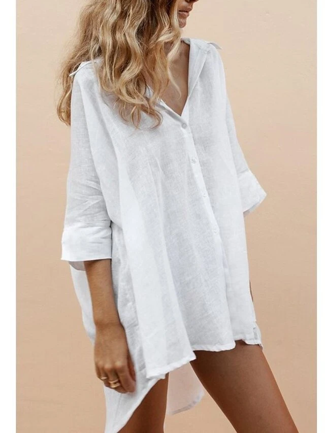 Women's Swimwear Cover Up Beach Top Swim Dress Normal Swimsuit Oversized Solid Color White Shirt Blouse Bathing Suits New Fashion Casual 2 Women's Swimwear Cover Up Beach Top Swim Dress Normal Swimsuit Oversized Solid Color White Shirt Blouse Bathing Suits New Fashion Casual - Image 2