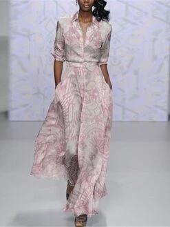 Women's Shirt Dress Casual Dress Swing Dress Maxi Long Dress Outdoor Office Business Polyester Fashion Elegant Shirt Collar Button Pocket Long Sleeve Summer Spring Fall 2023 Regular Fit Yellow Pink