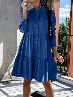 Women's Shirt Dress Casual Dress Swing Dress Midi Dress Outdoor Daily Vacation Cotton Basic Modern Shirt Collar Ruffle Button Long Sleeve Fall Winter 2023 Regular Fit ArmyGreen Black White Pure Color -Casual Print Dress Sales ozaskc1695813920190