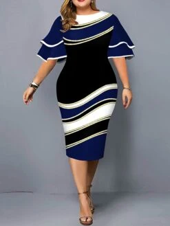 Women‘s Plus Size Curve Work Dress Bodycon Sheath Dress Color Block Midi Dress Half Sleeve Ruffle Crew Neck Fashion Outdoor Wine Red Fall Spring XL XXL 3XL 4XL 5XL -Casual Print Dress Sales ozcojg1673251734324