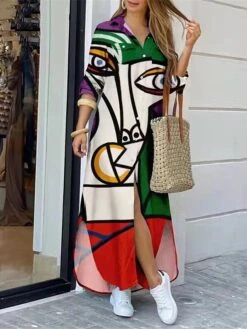 Women's Shirt Dress Casual Dress Maxi Long Dress Outdoor Daily Polyester Fashion Modern Shirt Collar Button Split Long Sleeve Summer Spring Fall 2023 Regular Fit White Wine Red Abstract S M L XL XXL -Casual Print Dress Sales ozvnls1689055149986