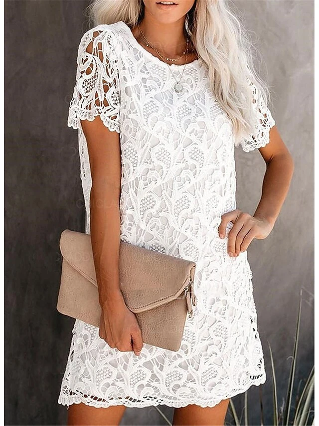 Women's Party Dress Lace Dress T Shirt Dress Tee Dress Mini Dress White Short Sleeve Pure Color Lace Summer Spring Crew Neck Casual 2022 S M L XL XXL 2 Women's Party Dress Lace Dress T Shirt Dress Tee Dress Mini Dress White Short Sleeve Pure Color Lace Summer Spring Crew Neck Casual 2022 S M L XL XXL - Image 2