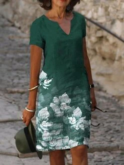 Women‘s A Line Dress Knee Length Dress Green Blue Short Sleeve Floral Print Spring Summer V Neck Basic Casual Loose 2023 S M L XL XXL 3XL / 3D Print -Casual Print Dress Sales pawlnu1645165722497