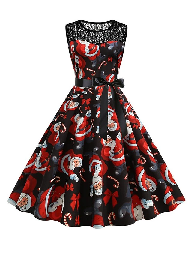 Women‘s Christmas Retro 1950s Vintage Dress Midi Dress Party Patchwork Bow Santa Claus Crew Neck Sleeveless Regular Fit Fall Winter 2023 Black Wine S M L XL 4 Women‘s Christmas Retro 1950s Vintage Dress Midi Dress Party Patchwork Bow Santa Claus Crew Neck Sleeveless Regular Fit Fall Winter 2023 Black Wine S M L XL - Image 4