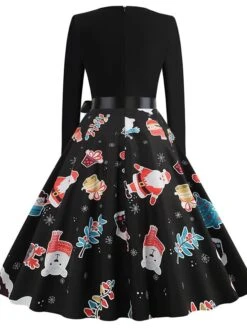 Women's Christmas Swing DressKnee Length Dress Black And White White Light Red Gold Red Long Sleeve Elk Snowman Bell Bow Print Fall Winter Round Neck Vintage Elegant 2022 S M L XL 2XL -Casual Print Dress Sales pcwqnp1663049824039