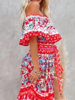 Women's Boho Dress Beach Dress Beach Wear Long Dress Maxi Dress Ruffle Print Boho Casual Floral Off Shoulder Short Sleeve Loose Fit Outdoor Daily Black White 2023 Spring Summer S M L XL -Casual Print Dress Sales peenkh1675160136495