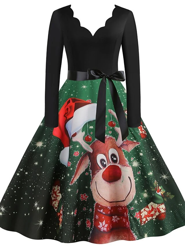 Women's Christmas Casual Dress Swing Dress Midi Dress Green Wine Light Red Fuchsia Red Long Sleeve Santa Claus Elk Bow Print Winter Fall V Neck Vacation Vintage 2022 S M L XL XXL 3XL 2 Women's Christmas Casual Dress Swing Dress Midi Dress Green Wine Light Red Fuchsia Red Long Sleeve Santa Claus Elk Bow Print Winter Fall V Neck Vacation Vintage 2022 S M L XL XXL 3XL - Image 2