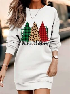 Women‘s Christmas Casual Dress Sweatshirt Dress Mini Dress Warm Fashion Outdoor Holiday Crew Neck Print Santa Claus Tree Loose Fit White Red Brown S M L XL XXL