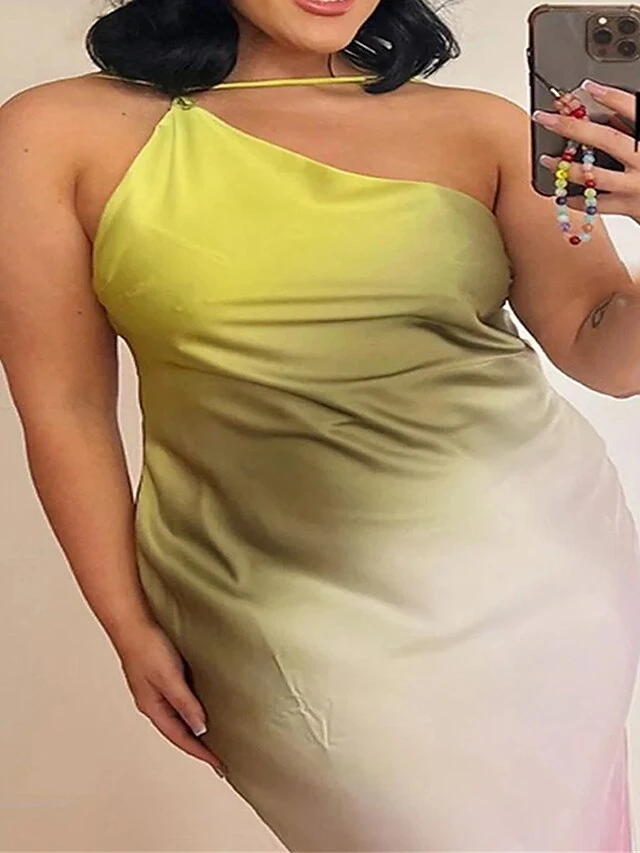 Women's Plus Size Curve Party Dress Sheath Dress Gradient Long Dress Maxi Dress Sleeveless Print One Shoulder Fashion Party Green Fall Winter L XL XXL 3XL 4XL 2 Women's Plus Size Curve Party Dress Sheath Dress Gradient Long Dress Maxi Dress Sleeveless Print One Shoulder Fashion Party Green Fall Winter L XL XXL 3XL 4XL - Image 2
