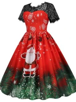 Women's Christmas Swing Dress Vintage DressKnee Length Dress Green Wine Dark Green Fuchsia Red Black Short Sleeve Santa Claus Snowman Snowflake Lace Print Fall Winter V Neck Vacation Vintage 2022 S -Casual Print Dress Sales pfchui1665293363325