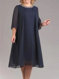 Women‘s Plus Size Curve Work Dress Chiffon Dress Swing Dress Fashion Midi Dress Layered Fake Two Piece Crew Neck 3/4 Length Sleeve Plain Regular Fit Black Red Navy Blue Summer Spring