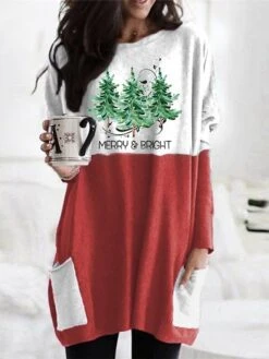 Women's Christmas Casual Dress T Shirt Dress Tee Dress Mini Dress Green Red Gray Long Sleeve Letter Tree Pocket Print Winter Fall Crew Neck Vacation Casual 2022 XXS XS S M L XL XXL 3XL 4XL