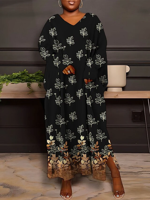 Women's Plus Size Curve Casual Dress Sweatshirt Dress Winter Dress Floral Gradient Long Dress Maxi Dress Long Sleeve Split Print V Neck Fashion Outdoor Black White Fall Winter L XL XXL 3XL 4XL 5 Women's Plus Size Curve Casual Dress Sweatshirt Dress Winter Dress Floral Gradient Long Dress Maxi Dress Long Sleeve Split Print V Neck Fashion Outdoor Black White Fall Winter L XL XXL 3XL 4XL - Image 5