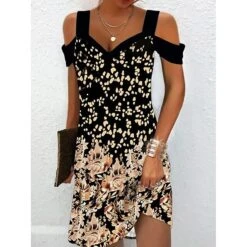 Women's Casual Dress A Line Dress Summer Dress Print Cold Shoulder Print V Neck Mini Dress Active Modern Daily Holiday Short Sleeve Regular Fit Black And White Light Yellow Black Summer Spring S M L -Casual Print Dress Sales pfvjzj1683266839797