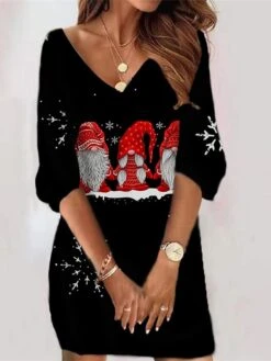 Women‘s Christmas Sweatshirt Dress Winter Dress Short Mini Dress Blue Black 3/4 Length Sleeve Santa Claus Snowman Snowflake Print Fall Winter V Neck Vacation Casual Loose Fit 2022 S M L XL XXL 3XL -Casual Print Dress Sales pfvvcm1663899633921