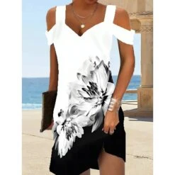 Women's Casual Dress A Line Dress Summer Dress Print Cold Shoulder Print V Neck Mini Dress Active Modern Daily Holiday Short Sleeve Regular Fit Black And White Light Yellow Black Summer Spring S M L -Casual Print Dress Sales pgevgl1683885688930