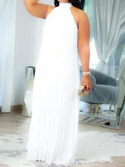 Women's Plus Size Curve Shift Dress Solid Color Halter Neck Ruched Sleeveless Spring Summer Basic Maxi Long Dress Casual Daily Dress -Casual Print Dress Sales pgfcxb1654676766269