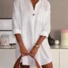 Women's Shirt Dress Mini Dress Daily Vacation Polyester Casual Shirt Collar Ruched Long Sleeve Summer Spring Fall 2023 Loose Fit White Pure Color 3XL