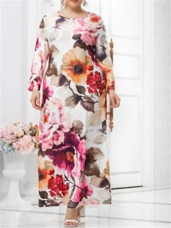 Women‘s Plus Size Curve Casual Dress Swing Dress Floral Dress Floral Long Dress Maxi Dress Long Sleeve Print Round Neck Modern Vacation Beige Fall Spring L XL XXL 3XL 4XL