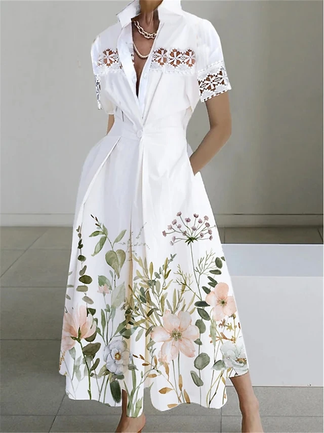 Women's Shirt Dress Casual Dress Work Dress Midi Dress Outdoor Office Daily Polyester Fashion Modern Shirt Collar Lace Patchwork Short Sleeve Summer Spring 2023 Regular Fit White Floral S M L XL XXL 1 Women's Shirt Dress Casual Dress Work Dress Midi Dress Outdoor Office Daily Polyester Fashion Modern Shirt Collar Lace Patchwork Short Sleeve Summer Spring 2023 Regular Fit White Floral S M L XL XXL