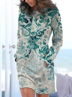 Women's Casual Dress Sweatshirt Dress Winter Dress Floral Tribal Pocket Print Crew Neck Mini Dress Vintage Ethnic Outdoor Daily Long Sleeve Loose Fit Royal Blue Blue Dusty Blue Fall Winter S M L XL -Casual Print Dress Sales pgujnz1694077853336