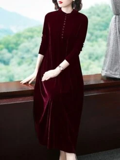 Women's Party Dress Velvet Dress Emerald Green Dress Midi Dress Black Wine Purple Long Sleeve Pure Color Button Fall Spring Crew Neck Stylish Winter Dress Weekend Fall Dress 2023 M L XL XXL 3XL 4XL -Casual Print Dress Sales pgwnwc1638864448898