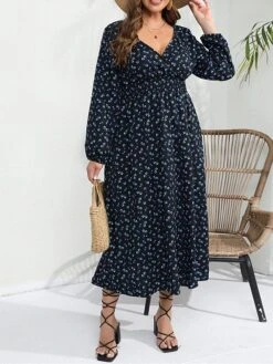 Women's Plus Size Curve Party Dress Wedding Guest Dress Swing Dress Midi Dress Dark Blue Long Sleeve Floral Print Spring Fall Winter V Neck Fashion Winter Dress Birthday Wedding Guest XL XXL 3XL 4XL -Casual Print Dress Sales piooxd1692171339138