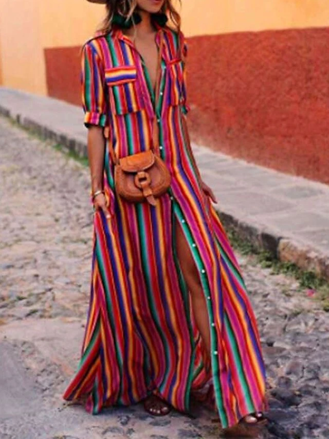 Women's Shirt Dress Casual Dress Swing Dress Maxi Long Dress Outdoor Daily Vacation Polyester Basic Casual Shirt Collar Pocket Split Half Sleeve Summer Spring 2023 Loose Fit Red Blue Purple Striped S 4 Women's Shirt Dress Casual Dress Swing Dress Maxi Long Dress Outdoor Daily Vacation Polyester Basic Casual Shirt Collar Pocket Split Half Sleeve Summer Spring 2023 Loose Fit Red Blue Purple Striped S - Image 4