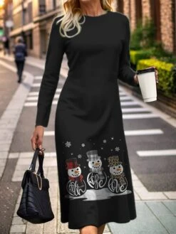 Women's Casual Dress Christmas Dress Print Dress Plaid Snowman Print Crew Neck Midi Dress Fashion Streetwear Outdoor Christmas Long Sleeve Slim Black White Wine Fall Winter S M L XL XXL -Casual Print Dress Sales piwvuo1695200404412