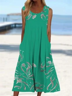 Women's Casual Dress Tank Dress Summer Dress Floral Pocket Print Crew Neck Midi Dress Fashion Streetwear Outdoor Street Sleeveless Regular Fit Light Green Wine Blue Summer Spring S M L XL XXL