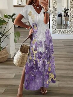 Women's Casual Dress A Line Dress Summer Dress Floral Split Print V Neck Long Dress Maxi Dress Fashion Streetwear Outdoor Daily Short Sleeve Regular Fit White Blue Purple Summer Spring S M L XL XXL -Casual Print Dress Sales pjrepb1689075128604