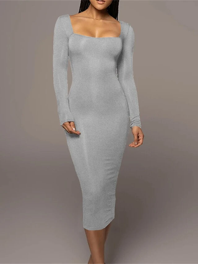 Women's Casual Dress Winter Dress Bodycon Midi Dress Ruched Street Daily Holiday Fashion Streetwear Square Neck Long Sleeve 2023 Regular Fit Black Pink Red Color S M L Size 4 Women's Casual Dress Winter Dress Bodycon Midi Dress Ruched Street Daily Holiday Fashion Streetwear Square Neck Long Sleeve 2023 Regular Fit Black Pink Red Color S M L Size - Image 4