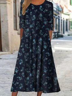 Women's Casual Dress Midi Dress Light Yellow Navy Blue Long Sleeve Graphic Print Summer Spring Crew Neck Fashion 2023 S M L XL XXL 3XL 4XL 5XL