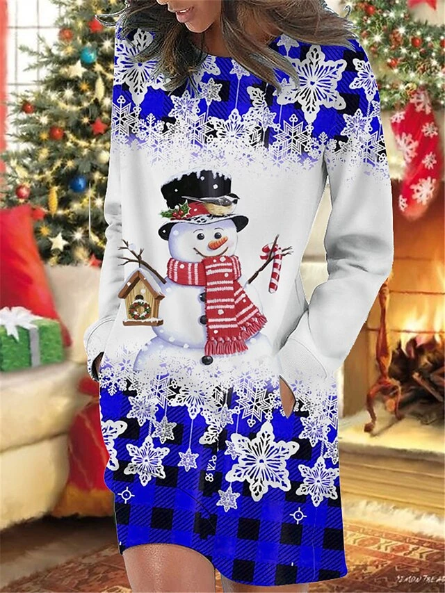 Women's Christmas Casual Dress Sweatshirt Dress Mini Dress Warm Fashion OutdoorHoliday Crew Neck Pocket Print Geometric Snowman Snowflake Loose Fit Wine Blue Green S M L XL XXL 2 Women's Christmas Casual Dress Sweatshirt Dress Mini Dress Warm Fashion OutdoorHoliday Crew Neck Pocket Print Geometric Snowman Snowflake Loose Fit Wine Blue Green S M L XL XXL - Image 2