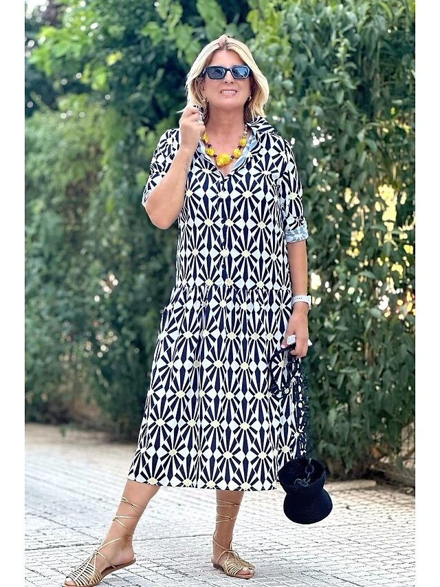 Women's Long Dress Maxi Dress Shirt Dress Casual Dress Print Dress Geometric Streetwear Modern Outdoor Daily Vacation Ruffle Button Long Sleeve Shirt Collar Dress Regular Fit Black Summer Spring S M 6 Women's Long Dress Maxi Dress Shirt Dress Casual Dress Print Dress Geometric Streetwear Modern Outdoor Daily Vacation Ruffle Button Long Sleeve Shirt Collar Dress Regular Fit Black Summer Spring S M - Image 6