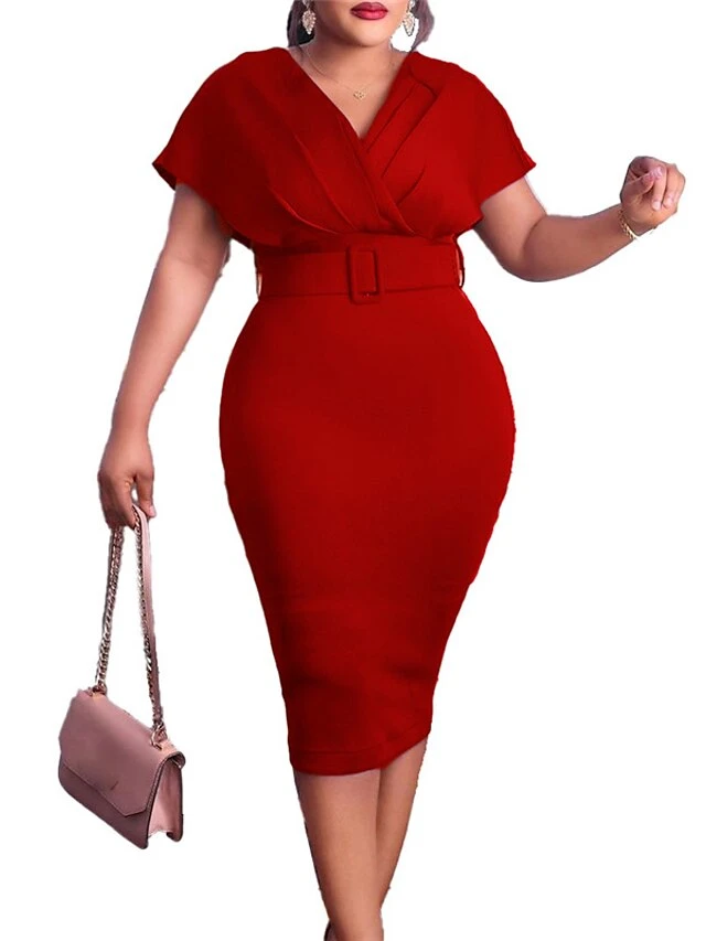 Women‘s Plus Size Curve Easter Dress Work Dress Solid Color V Neck Short Sleeve Spring Dress Fall Work Formal Knee Length Dress Date Vacation Dress 9 Women‘s Plus Size Curve Easter Dress Work Dress Solid Color V Neck Short Sleeve Spring Dress Fall Work Formal Knee Length Dress Date Vacation Dress - Image 9