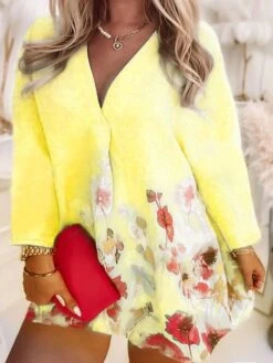 Women‘s Plus Size Curve Apple Shaped Dress Casual Dress Floral V Neck Print Long Sleeve Winter Fall Stylish Casual Mini Dress Daily Vacation Dress Weekend -Casual Print Dress Sales plhkvv1638498089228