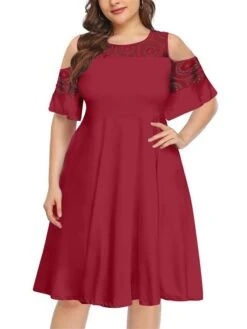 Women‘s Plus Size Curve Casual Dress Solid Color Crew Neck Lace Half Sleeve Fall Spring Casual Knee Length Dress Casual Daily Dress -Casual Print Dress Sales plihfc1656060138470