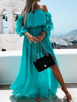 Women's Casual Dress Swing Dress Long Dress Maxi Dress Orange Green 3/4 Length Sleeve Pure Color Ruffle Summer Spring Off Shoulder Casual 2023 S M L XL -Casual Print Dress Sales pltsiu1626341249079