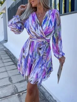 Women's Casual Dress Chiffon Dress Wrap Dress Color Block Stripe Lace Up Print V Neck Mini Dress Fashion Modern Outdoor Daily Long Sleeve Loose Fit Blue Fuchsia Summer Spring S M L XL XXL -Casual Print Dress Sales pltsog1682563577539