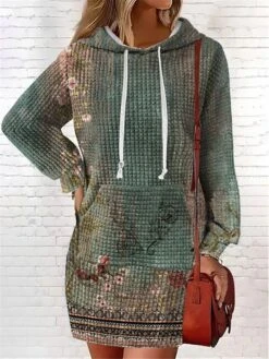 Women's Casual Dress Hoodie Dress Mini Dress Warm Fashion Outdoor Vacation Going Out V Neck Pocket Print Floral Geometric Loose Fit Pink Burgundy Blue S M L XL XXL