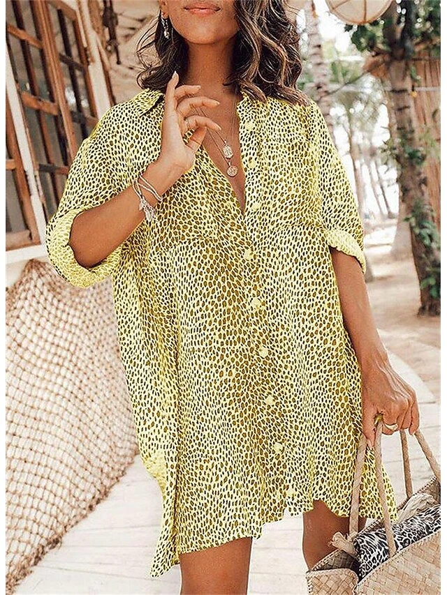 Women's Shirt Dress Short Mini Dress Light Blue Long Sleeve Leopard Button Spring Summer Shirt Collar Stylish Casual Sexy Lantern Sleeve Boom Sale Dress XXL 4 Women's Shirt Dress Short Mini Dress Light Blue Long Sleeve Leopard Button Spring Summer Shirt Collar Stylish Casual Sexy Lantern Sleeve Boom Sale Dress XXL - Image 4