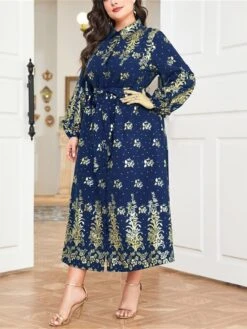 Women's Plus Size Curve Party Dress Wedding Guest Dress Long Dress Maxi Dress Dark Blue Long Sleeve Flower Lace Up Fall Winter Autumn Shirt Collar Fashion Evening Party Wedding Guest L XL -Casual Print Dress Sales pmaqsa1693210683133